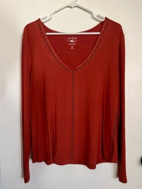 Idyllwind Rust Red V-Neck Long-Sleeve Top with Stud Trim